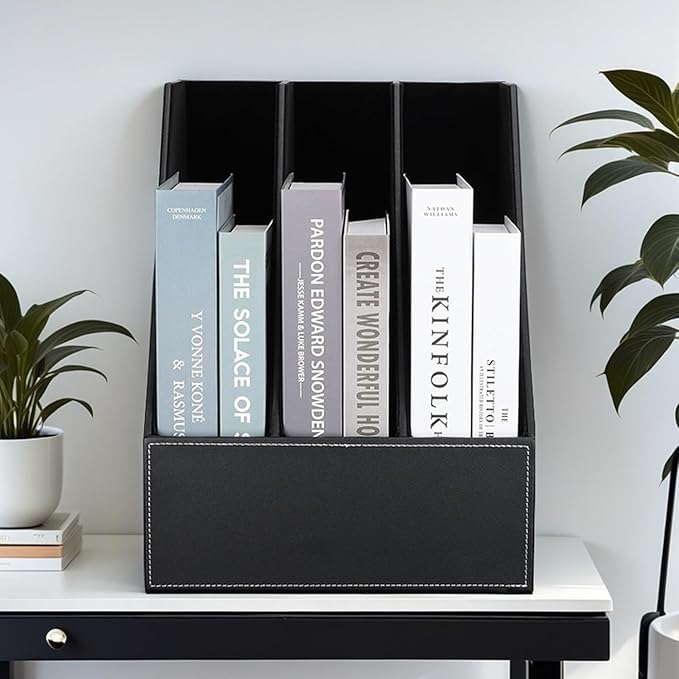 KINGFOM Desktop Wooden Leatherette Magazine File Holder-Organizer-3 Compartment Stand Rack-Papers Storage Box (black)