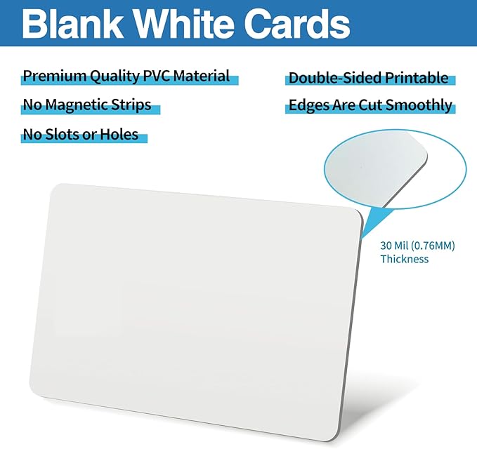 100 Pack - Premium Blank PVC Cards for ID Badge Printers - Premium Quality White CR80 30 Mil (CR8030) by KLMNDUO - Compatible with Most Photo ID Badge Printers(White)