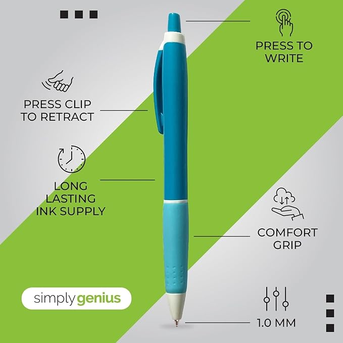 Simply Genius 100-Piece Retractable Ballpoint Pen Set, Bulk Office Supply with Black Ink - Ideal for Schools, Notebooks, Journals & More (Blue Pens Bulk)