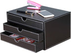 RHCSZ High-end PU Leather Desk Organizer File Cabinet Executive Office Supplies Desktop Filing A4 File Cabinet Stackable Storage Organizer Box with 3 Drawers (Black)…