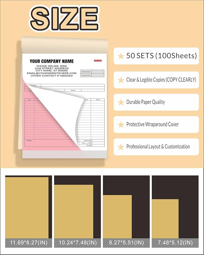 Custom Carbonless Invoice Book with Logo, Personalized Cover & Inner Pages, 2 Part NCR Receipt & Work Order Forms, Easy Tear, Writing Shield for Small Business (2-Part [White/Red], 10.24 * 7.48INCH)
