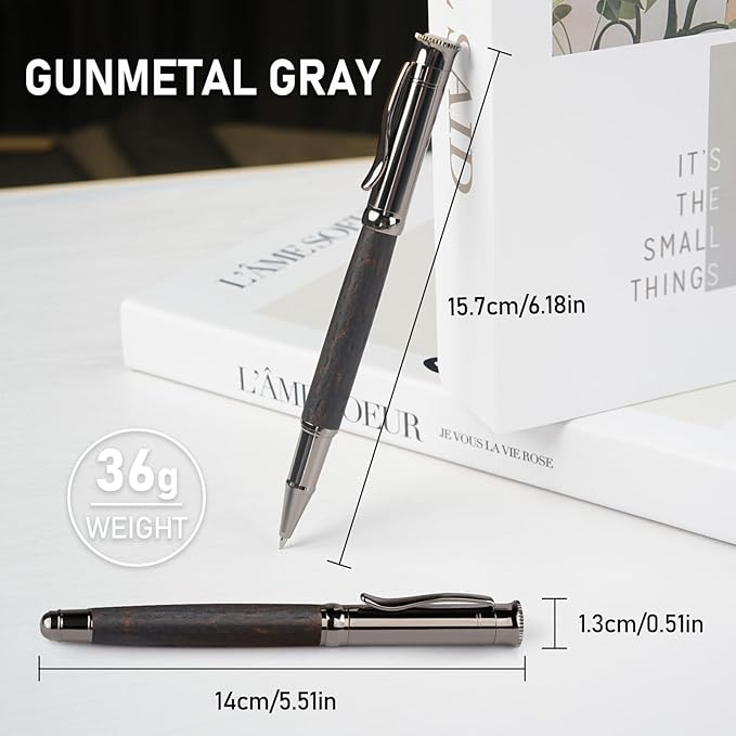 WEMATE Wood Rollerball Pen Set, Extra 2 Ink Refills(1 Black & 1 Blue), Fancy Writing Pen Nice Luxury Office Gift for Men, Professional, Executive, Cool Wooden Pen for Journaling - Blackwood