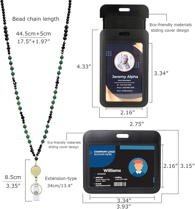 AIDSOTOU Lanyards for ID Badges and Keys,Natural Stone Beaded Teacher Lanyard for Women,Retractable Lanyard with ID Holder Cute Lanyards for Teachers (Green)