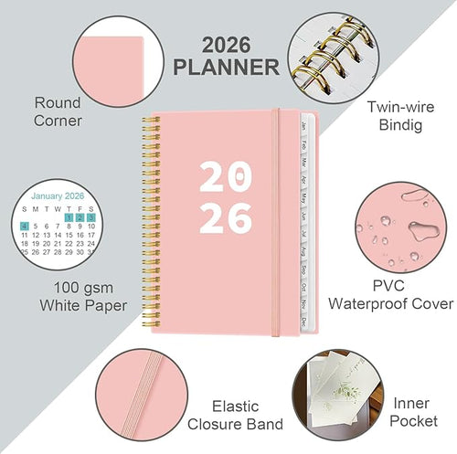 2026 Planner - Planner 2026 from January 2026 - December 2026, Weekly & Monthly Planner Spiral Bound with 12 Monthly Tabs, Inner Pocket, 6.4" x 8.5", Pink-A