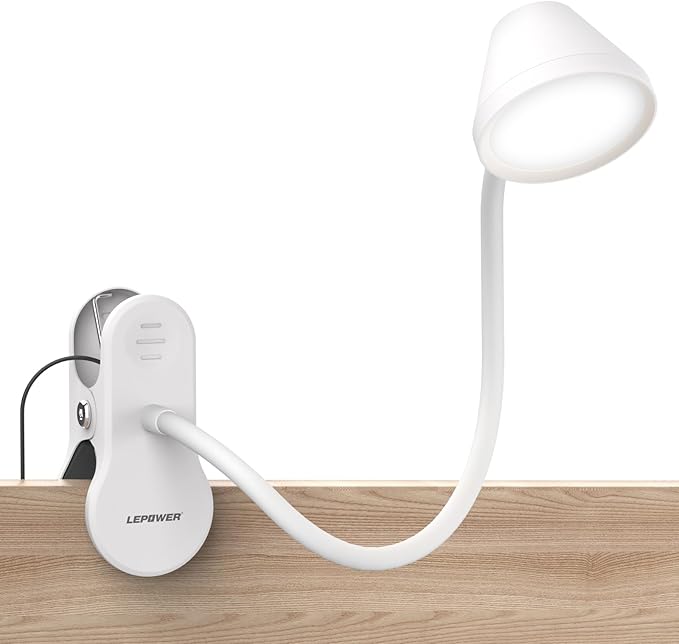 LEPOWER Clip on Light, Reading Lights for Books in Bed with 5 Colors & Stepless Dimming, RG0 Eye-Care, Auto Timer & Night Light, Strong Clamp for Headboard, Bedside, Desk, White