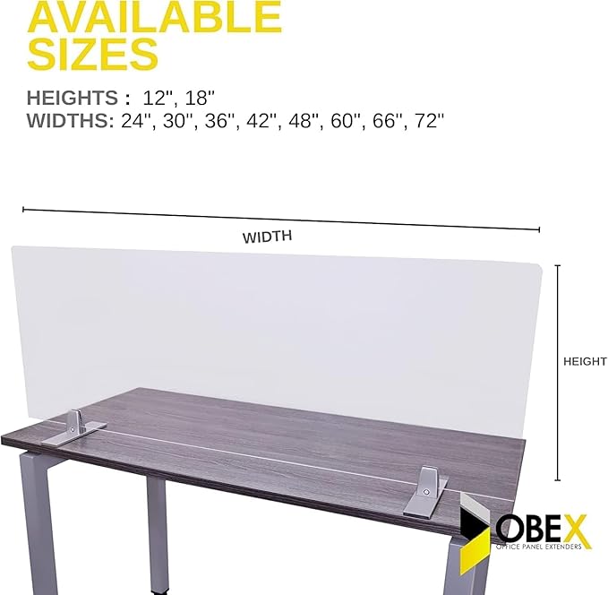 OBEX Acrylic Free Standing Screen, Divider for Desk Privacy Home & Office Partitions for Table Top Workstation, Portable Cubicle Panel for Work, 12" x 42", Clear