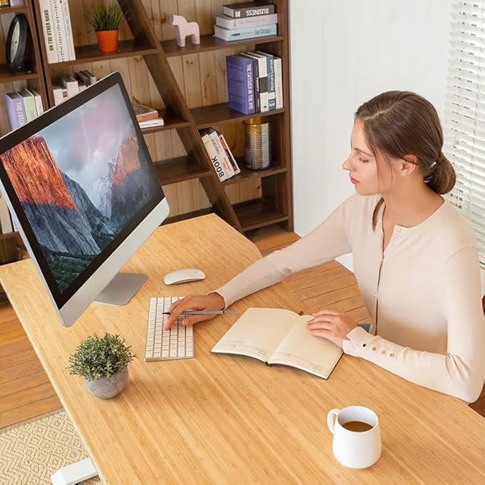 FLEXISPOT EN1 Bamboo Standing Desk, 55 x 28 Inches Whole-Piece Electric Height Adjustable Desk for Home Office (Black Frame + Bamboo Curved Desktop, 2 Packages)