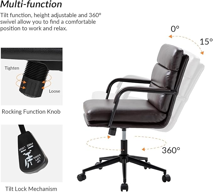HULALA HOME Modern Faux Leather Home Office Chair with Tilt Lock & Metal Base, Desk Chair with Wheels & Padded Cushion, 360° Swivel Wide Seat Computer Task Chair, Brown