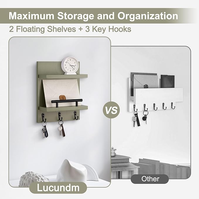 Lucundm Key Holder Wall Mount, Mail Shelf Decor with 3 Key Hooks, Versatile Wood Wall Organizer for Entryway Hallway (8.2” x 10.6”x 3.6”) (Sage Green)