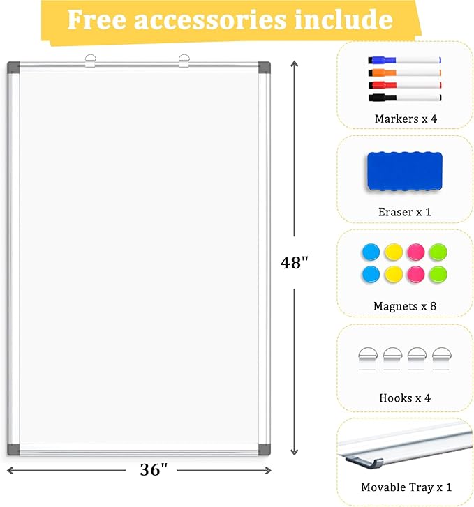 AMUSIGHT Double-Sided Magnetic Whiteboard, 48" x 36" Large Dry Erase Board Aluminum Frame for Wall, Large White Board Marker Board for Kitchen, Memo, School, Home, Office