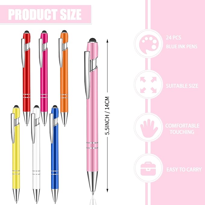 24 Pcs Blue Ink Ballpoint Pen with Stylus Tip 2 in 1 Ballpoint Pen 1.0 mm Blue Ink Metal Stylus Pen for Touch Screens Coworkers, Family, Colleagues, Office (no Multicolor)