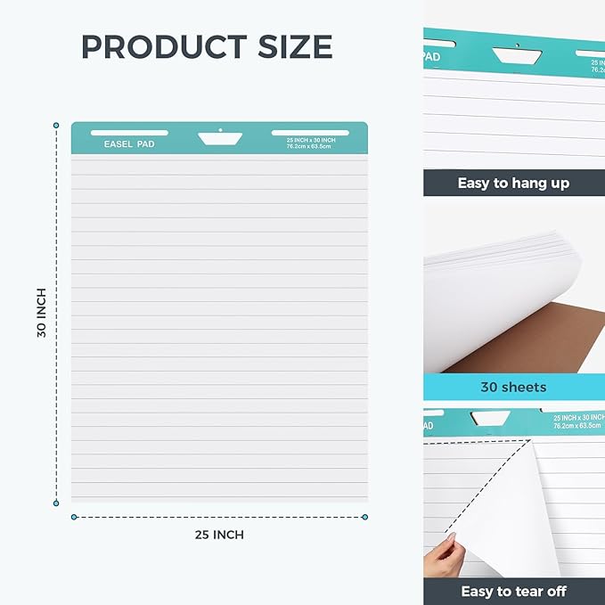 FAHKNS Lined Sticky Easel Pad，Large 25x30 Inch Self-Adhesive Teacher'S Flip Chart Paper, Easel Pad with Dry Erase Surface for Classroom/Office, White, 30 Sheets/Pad, 6 Pads/Pack