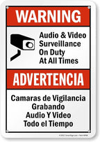 SmartSign 10 x 7 inch “Warning - Audio & Video Surveillance On Duty At All Times” Bilingual Sign, Digitally Printed, 55 mil HDPE Plastic, Red, Black and White, Made in USA