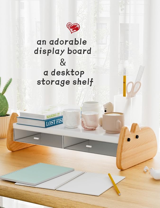 AFOOYO Monitor Stand Riser,Wooden & MDF Computer Desktop Stand with Acrylic Drawer,Laptop Stand Riser Holder ,Table Holder Desk Organizer Storage Stand for Laptop,Printer,TV,15.7 inch,Cute Cat