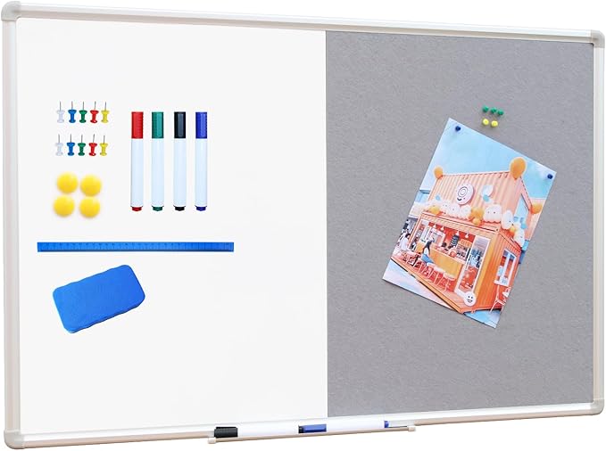 DEVELOP Large Grey Felt Bulletin & Magnetic Dry Erase Combo Board, 60 x 36 Inch Hanging Whiteboard/Grey Felt Bulletin Combination Board with Marker Tray, Pins, Eraser, Markers & Magnets