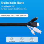 Flauzmann 1/2" Braided Cable Sleeve - 10Ft Cat Cord Protector Split Wire Loom Tubing Flexible Self Wrapping for USB, Audio, Automotive Cord, Dog Chew Proof Cable Protector - Black
