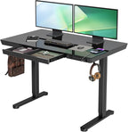 Claiks Glass Standing Desk with Drawers, 48×24 Inch Adjustable Stand Up Desk, Quick Install Home Office Computer with USB Ports, Black
