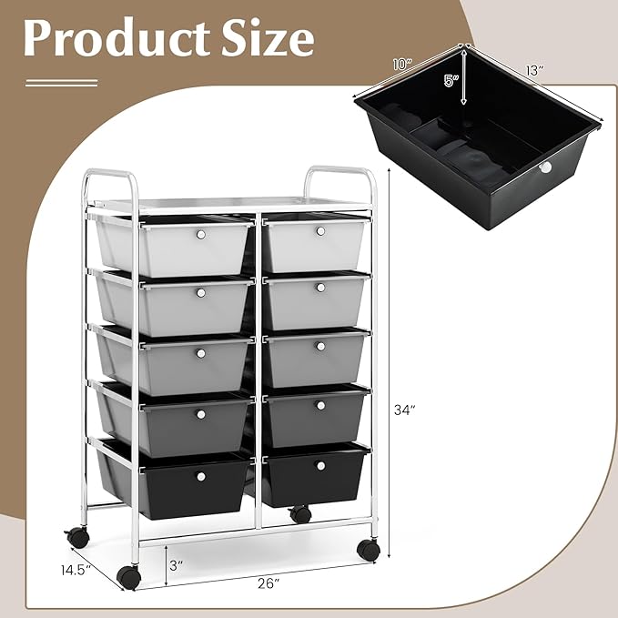 GOFLAME 10-Drawer Rolling Storage Cart, Art Craft Storage Organizer on Wheels, Multipurpose Movable Utility Cart for School, Office and Home, Black Gradient