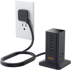 Charging Station 30W, TESSAN 9-in-1 Charger Blocks for iPhone 17/16/15/14, Tablets, Earphone with Surge Protector, 5ft Flat Extension Cord with 4 USB A, and 2 USB C for Home, Office, Dorm, Black