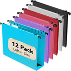 Nordun Extra Capacity Plastic Hanging File Folder Letter Size,12 Pack Reinforced Hang Folders with Heavy Duty 2 Inch Expansion, Durable Hanging Organizer Designed for Bulky Files, Assorted Colors