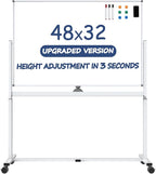 White Board on Wheels, 48 x 32 Inches Height-Adjustable Large Rolling Whiteboard, Mobile Magnetic Dry Erase Board with Stand, Double-Sided Standing Whiteboard for Office, Home, Classroom, School