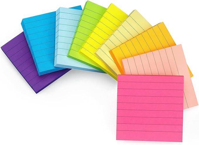 Early Buy Lined Sticky Notes with Lines 3x3 Self-Stick Notes 9 Bright Color 9 Pads, 70 Sheets/Pad