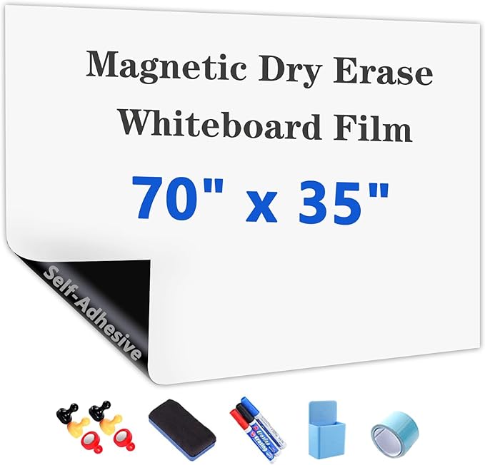 Magnetic Dry Erase Whiteboard Paper with Adhesive, 70" x 35" White Board Film for Wall, Easy to Write and Clean Dry Erase Board for Office, Classroom, Home, Include Marker, Magnetic Eraser and Magnets
