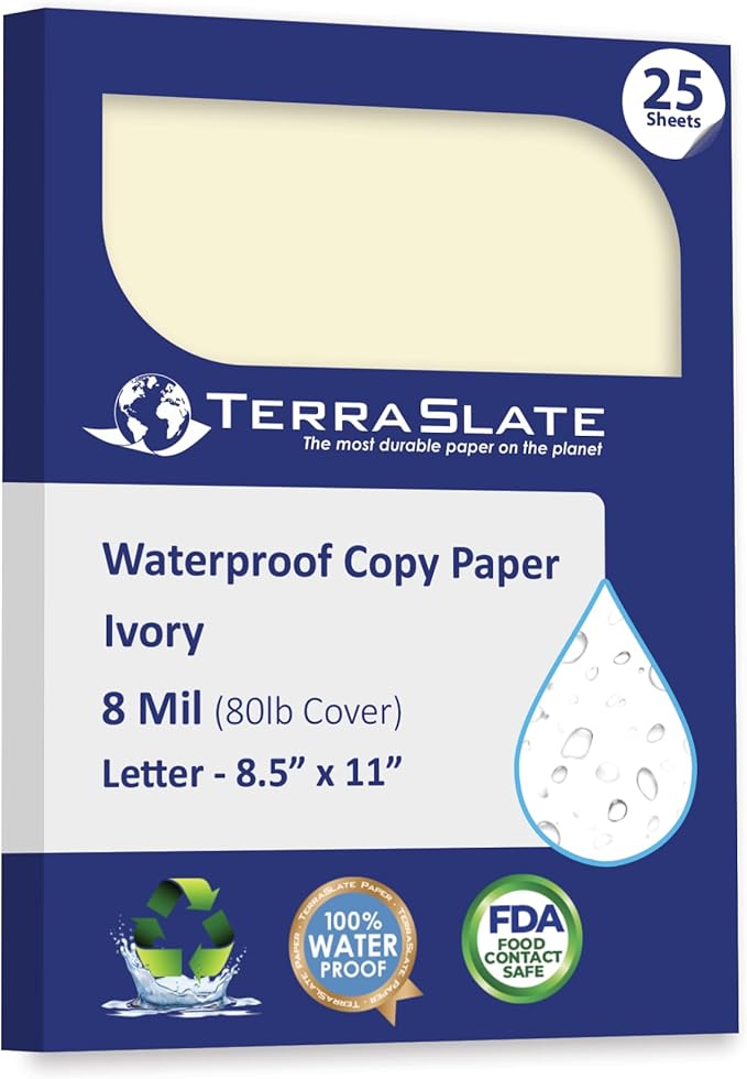 TerraSlate Waterproof Paper, Rip-Proof Colored Paper, Ivory, 25 Sheets, 8 Mil, (80lb Cover), 8.5" x 11", Laser Printer and Copy Machine Compatible
