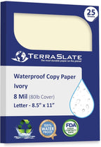 TerraSlate Waterproof Paper, Rip-Proof Colored Paper, Ivory, 25 Sheets, 8 Mil, (80lb Cover), 8.5" x 11", Laser Printer and Copy Machine Compatible
