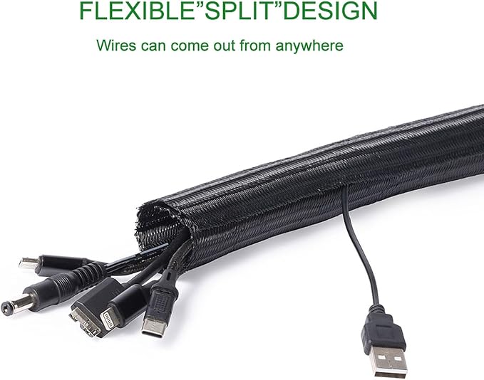 QCSIW 1/4" x 50ft Black Cable Sleeve Cover - Pet-Proof Cord Management System for Home Office Desk, Durable Wire Organizer Protector from Dog Cat Chewing, Flexible Cable Hider (Black)