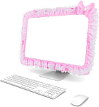 Kingshion 23"-27" Lovely Cute Computer Monitor Cover with Lovely Cute Elastic Pen Pocket Bow-knot TV LCD Screen Monitor Decoration Dust Cover Protector, Lace Fabric, Pink