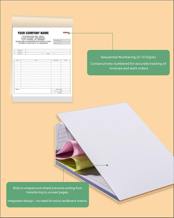Custom Carbonless Invoice Book with Logo, Personalized Cover & Inner Pages, 2 Part NCR Receipt & Work Order Forms, Easy Tear, Writing Shield for Small Business (2-Part [White/Red], 10.24 * 7.48INCH)