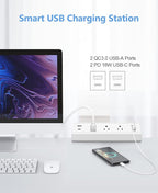 Desk Clamp Power Strip,40W Fast Charging Station,Desktop Mount Surge Protector,2 PD 20W USB C Ports,3 Outlets for Home,Office,Fit 1.9" Tabletop Edge (White, 3 Outlets & 4 USB Ports & 25 FT Cable)
