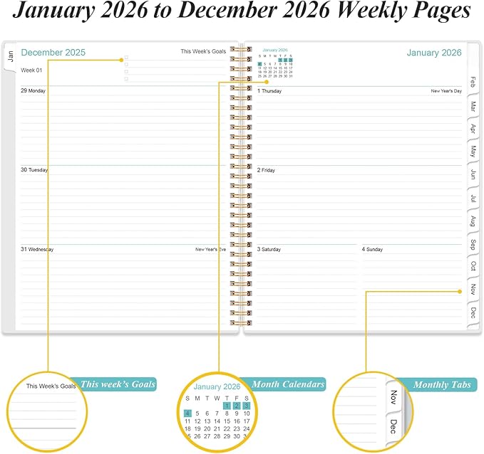 2026 Planner - Planner 2026 from January 2026 to December 2026 with 12 Monthly Tabs, Flexible Cover, Inner Pocket, 8.5" x 11", Pink