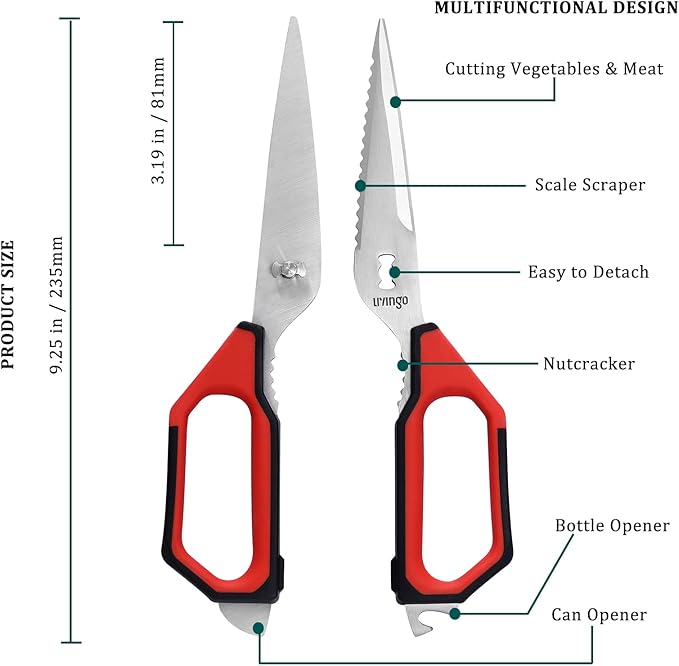 LIVINGO Kitchen Scissors Set All Purpose - Heavy Duty Stainless Steel Come Apart Food Shears for Cutting Meat, Vegetables, Dishwasher safe, 2 Pack, Red Black Multi-Function Handles
