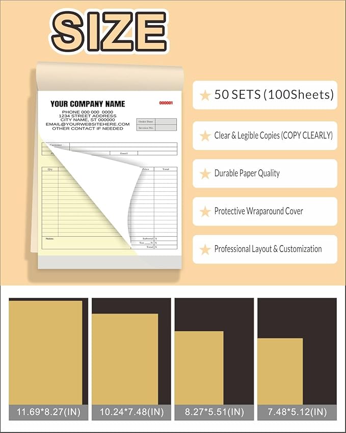 Custom Carbonless Invoice Book with Logo, Personalized Cover & Inner Pages, 2 Part NCR Receipt & Work Order Forms, Easy Tear, Writing Shield for Small Business (2-Part [White/Yellow], 8.3 x 5.5INCH)
