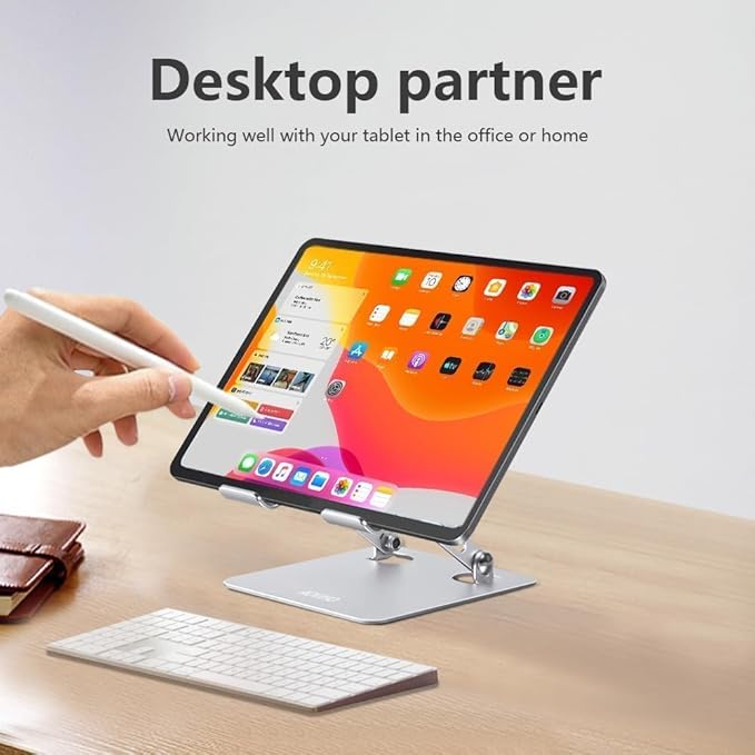 Aoviho Tablet Stand Holder for Desk, Adjustable Desktop Tablet Holder, Foldable Aluminum Tablet Mount for iPad pro 11, iPad Air Mini, Samsung Galaxy Tabs Z Fold Kindle Fire 4-12 inch, Silver