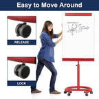 TSJ OFFICE Rolling Whiteboard Standing - 40 x 26 Inches Magnetic Mobile White Board with Stand, Height Adjustable Dry Erase Board on Wheels with Paper Clamp on Top, Red