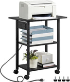 Lerliuo 3-Tier Printer Stand with Charging Station, Industrial Mobile Printer Table with Storage Shelf and Steel Frame, Rolling Printer Cart Holder with Lockable Wheels for Home, Office (Black)
