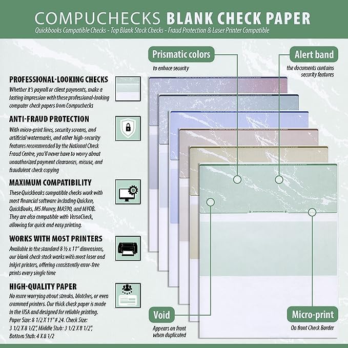 Compuchecks Top Blank Check Paper - 1000 Pack, Quick-Books & Laser Printer Compatible - Security Business Checks with Voucher - 8.5" x 11" Burgundy Pinstripe