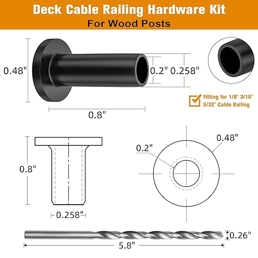 CELYND Cable Railing Protector Sleeves - 120 Pack T316 Stainless Steel Protective Sleeves - 1/8" 3/16" 5/32" Black Deck Cable Railing Hardware Kit for Wood Posts