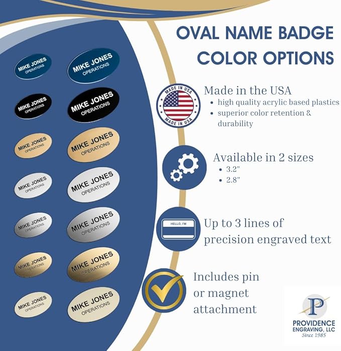 Custom Engraved Name Tag Badges – Personalized Identification with Pin or Magnetic Backing, 2.8 Inch Oval, Almond/Black