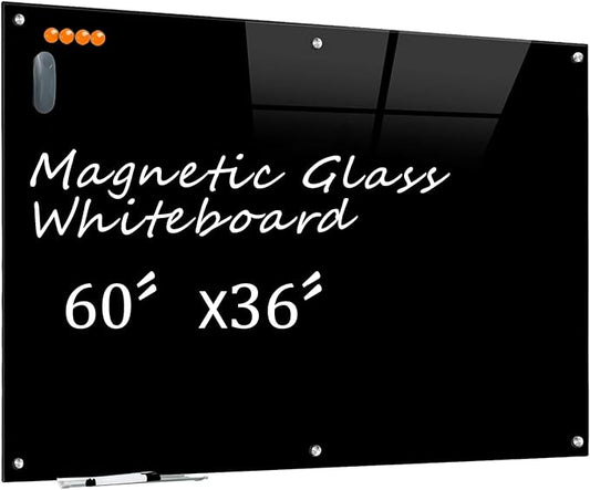 KIZZBY Glass Dry Erase Board - Magnetic Blackboard, 60"X36" Frameless Black Board Clear Glass Boards with Super Strong Magnets, Wall Mounted for Office, Classroom and Home