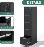 FLIXELIO 5 Drawer File Cabinet with Lock,Metal Vertical Filing Cabinets for Home Office,Heavy Duty File Storage Cabinet for Letter/Legal/A4/F4 Size File,Assembly Require (Black, Vertical 5 Drawer)