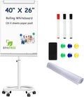 TSJ OFFICE Rolling Whiteboard Standing - 40 x 26 Inches Magnetic Mobile White Board with Stand, Height Adjustable Dry Erase Board on Wheels with Paper Clamp on Top, White