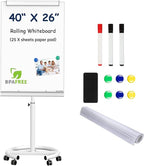 TSJ OFFICE Rolling Whiteboard Standing - 40 x 26 Inches Magnetic Mobile White Board with Stand, Height Adjustable Dry Erase Board on Wheels with Paper Clamp on Top, White