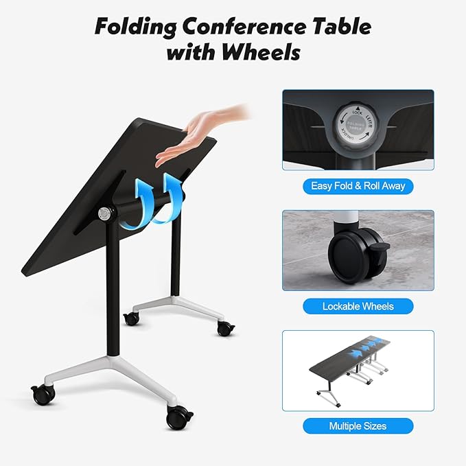 Goakwwuz Conference Room Table, Folding Conference Tables,Thicken Grey Tabletop,Flip Top Wooden Seminar Meeting Room Table for Conference Room Offices (8, Grey, 70.8”)