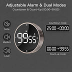 Rechargeable Magnetic Kitchen Timer,LED Countdown/Up Timer, Supports USB-C Charging,with Loud Alarm,3 Preset Quick Times(5/15/25m),Perfect for Kitchen Cooking, Studying, and Fitness (Brown)