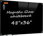 Glass Dry Erase Black Board - Magnetic Blackboard 48"X36" Frameless Whiteboard Clear Glass Boards with Super Strong Magnets, Wall Mounted for Office, Classroom and Home