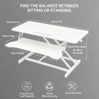 37 Inch Standing Desk Converter - Manual Pneumatic Spring, Two Monitor Stable Standing Desk Converter, 5.9" to 18.8" Height Adjustable Laptop Workstation with Keyboard Tray for Home, Company(White)